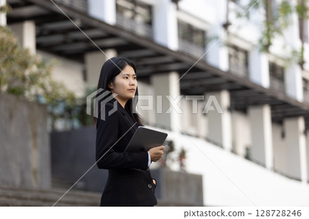 Future remote work combines technology smart phone digital business woman enable e-learning productivity while travel blend comfort modern devices serenity computer equipment connection online world 128728246