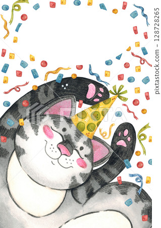 Watercolor birthday card with a gray cat in a hat among the confetti Watercolor birthday card with a gray cat in a hat among the confetti 128728265