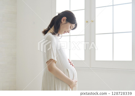Pregnant woman portrait at home Pregnant woman portrait at home 128728339