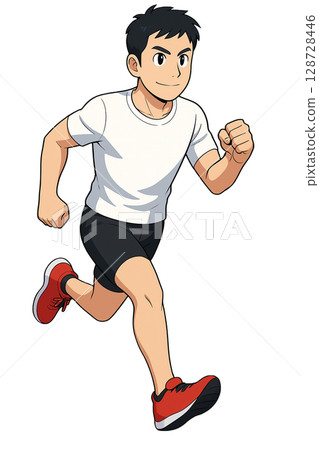 Illustration of a young man running, energetic young man running in a white T-shirt, young man jogging in sportswear Illustration of a young man running, energetic young man running in a white T-shirt, young man jogging in sportswear 128728446