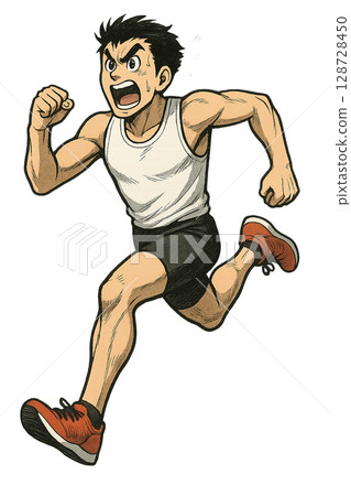 一個戲劇性的例子,一個年輕人以強大的表情奔跑,一個充滿激情的跑步者全速衝刺,一個用盡全力奔跑的訓練課, 一個戲劇性的例子,一個年輕人以強大的表情奔跑,一個充滿激情的跑步者全速衝刺,一個用盡全力奔跑的訓練課, 128728450