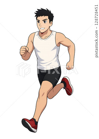 Illustration of a young man smiling and enjoying running, a sportsman running healthily, a lifestyle that incorporates exercise into daily life 128728451