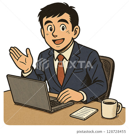 A businessman explaining while operating a computer, a young man in a suit giving guidance at an online conference, an off-duty man giving a presentation with a smile 128728455