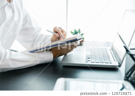 Education concept, learning and teaching with technology, e learning, teaching skills, digital online knowledge, cyberspace global, blur background banner white. hand playing laptop on desk indoor. 128728871