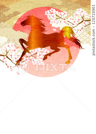 馬新年賀卡櫻花背景 馬新年賀卡櫻花背景 128728901