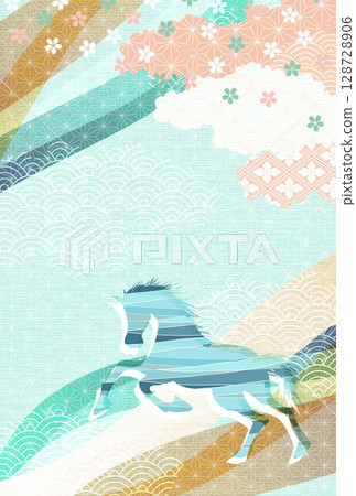 Horse New Year's card cherry blossom background Horse New Year's card cherry blossom background 128728906