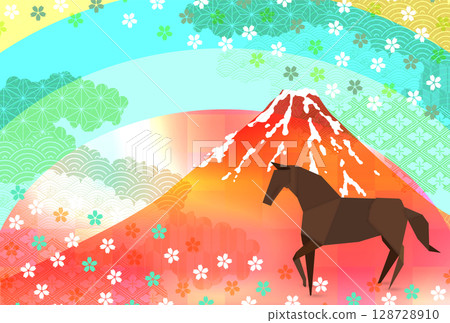 Horse New Year's card cherry blossom background Horse New Year's card cherry blossom background 128728910