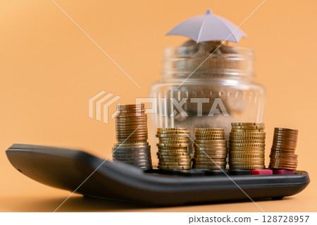 Insurance background money coin concept business protection finance sale financial investment buy automobile purchase loan deal agent rent rental premium assurance save banking tax return calculation 128728957