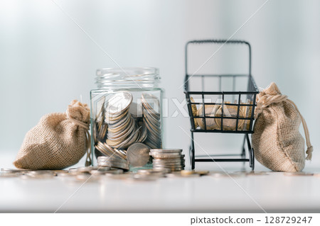 Business save money coin growth concept involves strategic financial management investment loan bank real estate economic development encourage buy income stack investment economy return accountancy 128729247