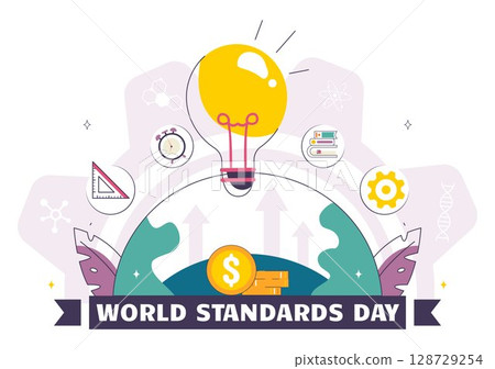 World Standards Day Vector Illustration on October 14 featuring a Globe, Stopwatch, Ruler Scale, and Quality Board in a Flat Style Cartoon Background 128729254