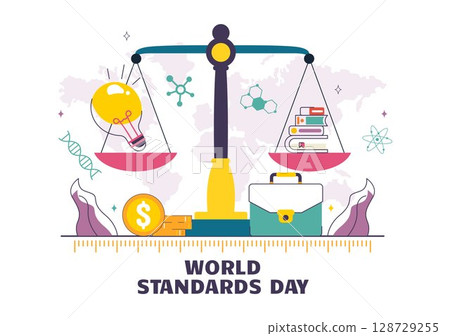 World Standards Day Vector Illustration on October 14 featuring a Globe, Stopwatch, Ruler Scale, and Quality Board in a Flat Style Cartoon Background 128729255