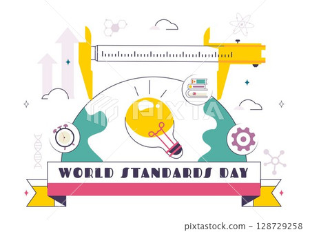 World Standards Day Vector Illustration on October 14 featuring a Globe, Stopwatch, Ruler Scale, and Quality Board in a Flat Style Cartoon Background 128729258