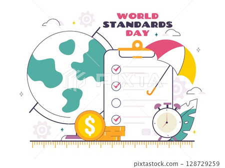 World Standards Day Vector Illustration on October 14 featuring a Globe, Stopwatch, Ruler Scale, and Quality Board in a Flat Style Cartoon Background 128729259
