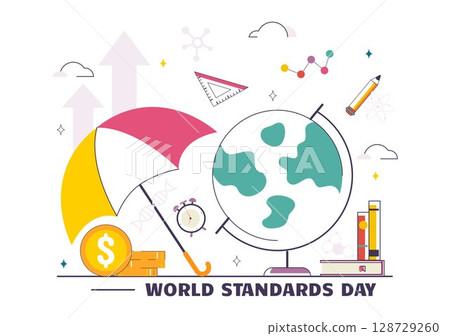 World Standards Day Vector Illustration on October 14 featuring a Globe, Stopwatch, Ruler Scale, and Quality Board in a Flat Style Cartoon Background 128729260