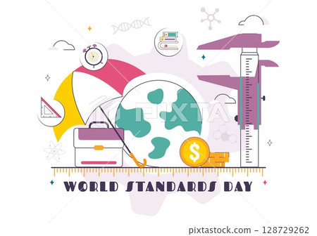 World Standards Day Vector Illustration on October 14 featuring a Globe, Stopwatch, Ruler Scale, and Quality Board in a Flat Style Cartoon Background 128729262