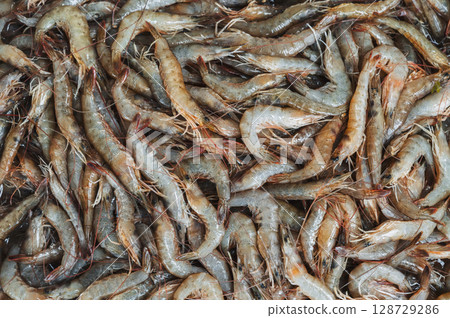 background with a fresh catch of shrimp. Chilled shrimp on the counter at the fish market 128729286