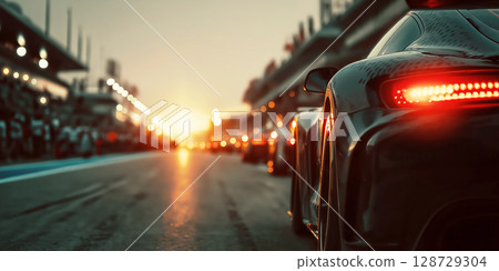 taillights of a black sports racing car on the track in a race close-up taillights of a black sports racing car on the track in a race close-up 128729304