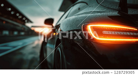 taillights of a black sports racing car on the track in a race close-up taillights of a black sports racing car on the track in a race close-up 128729305
