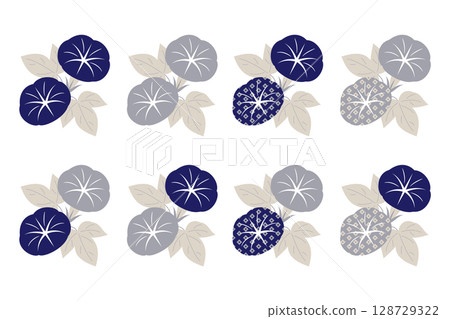 Elegant morning glory illustration set (2 flowers, calm color scheme of dark blue and gray) 128729322