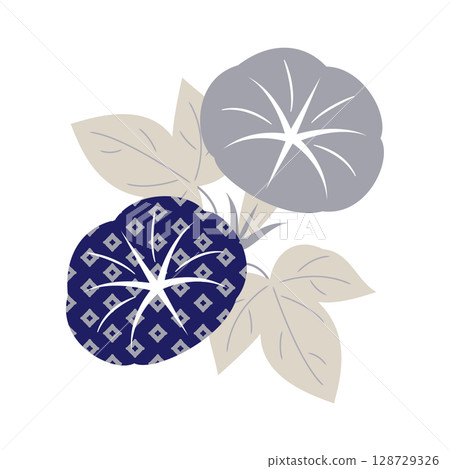 牽牛花插圖（兩朵花，深藍色 x 淺灰色，帶有日本圖案） 128729326
