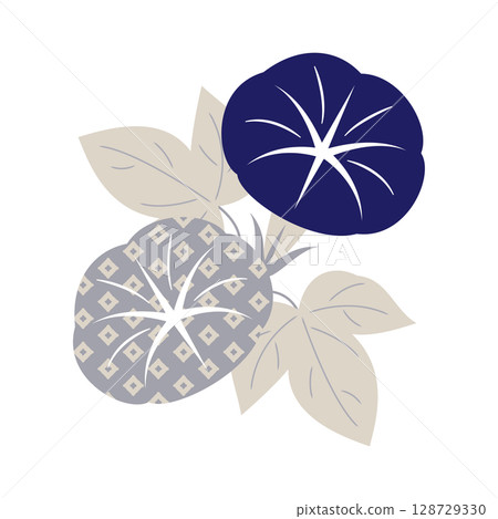 牽牛花插圖(兩朵花,淺灰色×深藍色,日本圖案) 牽牛花插圖(兩朵花,淺灰色×深藍色,日本圖案) 128729330