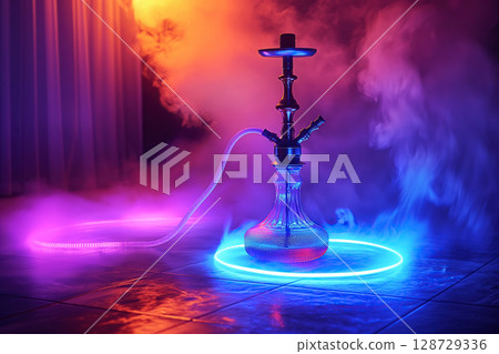 hookah in shisha smoke on multicolored background with colored neon light in the bar 128729336