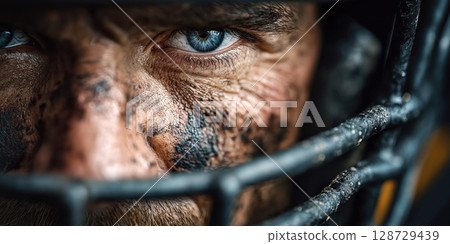 serious face of man American football player in a sports protective helmet 128729439