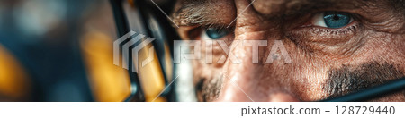 serious face of a male American football player in a sports protective helmet 128729440