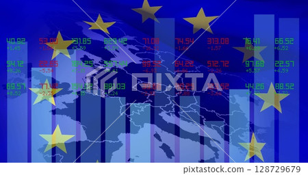 Displaying map of Europe overlaid with bar charts in dashboard, featuring data, yellow EU stars Displaying map of Europe overlaid with bar charts in dashboard, featuring data, yellow EU stars 128729679