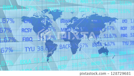 World map silhouette showing ticker symbols in digital office hall, with transparent grid overlay World map silhouette showing ticker symbols in digital office hall, with transparent grid overlay 128729681
