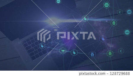 Displaying ecommerce icon network overlaying laptop keyboard on desk, showing cart and lens flare Displaying ecommerce icon network overlaying laptop keyboard on desk, showing cart and lens flare 128729688