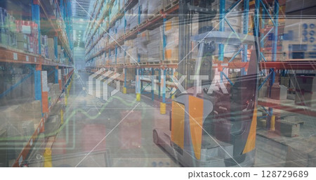 Electric pallet jack idling in warehouse aisle, with metal shelving racks and wrapped pallets Electric pallet jack idling in warehouse aisle, with metal shelving racks and wrapped pallets 128729689