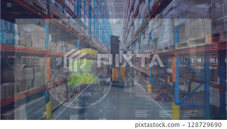 Operating warehouse worker controlling pallet stacker in aisle, with hard hat, digital data overlay Operating warehouse worker controlling pallet stacker in aisle, with hard hat, digital data overlay 128729690