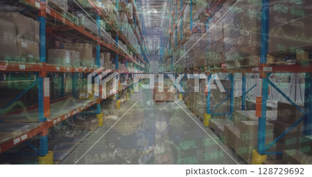 Featuring warehouse aisle with metal racks, cardboard box pallet stack and digital stock overlays 128729692