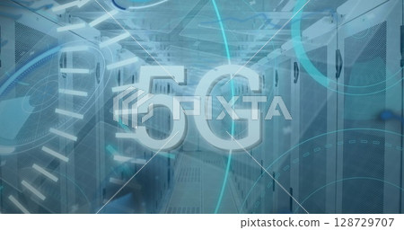 Floating 5G text hovering above grated floor in data center corridor, with server racks 128729707