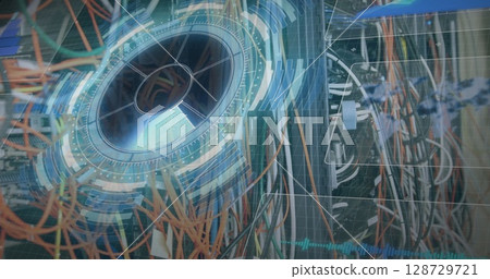 Displaying orange grey white network cables on server rack in data center with hologram 128729721