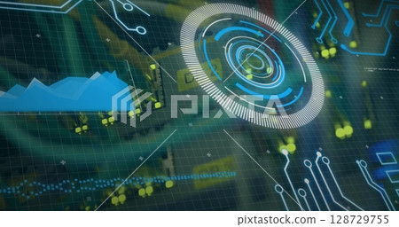 Showing HUD element on screen with blue area chart, glowing nodes, dotted lines, circuit traces 128729755