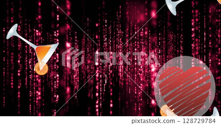 Floating sphere enclosing red heart over digital backdrop with tilted martini glasses, copy space Floating sphere enclosing red heart over digital backdrop with tilted martini glasses, copy space 128729784