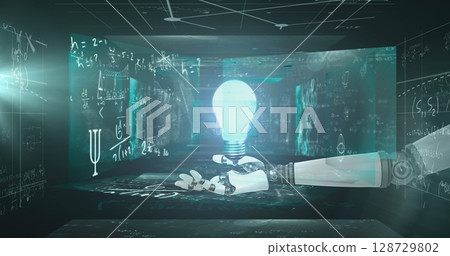 Extending sleek robotic arm holding glowing light bulb in future lab, with holographic screens 128729802