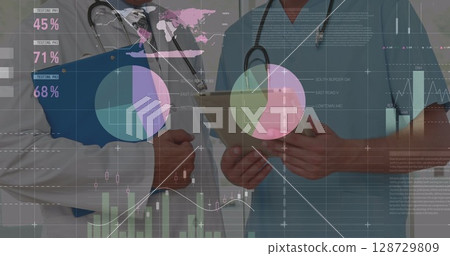 Reviewing patient data two doctors using tablet and clipboard in clinic corridor, with data visuals Reviewing patient data two doctors using tablet and clipboard in clinic corridor, with data visuals 128729809
