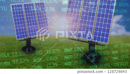 Image of stock market financial data processing over solar panels in field 128729843
