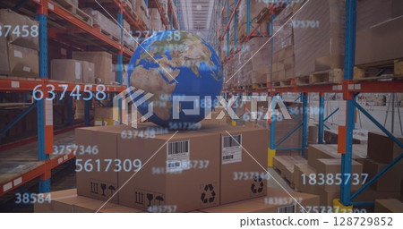 Displaying Earth globe resting on cardboard boxes in warehouse aisle, featuring floating barcodes 128729852
