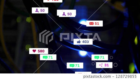 Featuring black Ethernet cables draping across data center rack, with blue LEDs and social icons 128729855