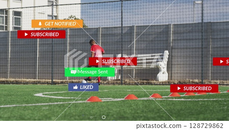 Image of colourful squares over male rugby players at stadium 128729862