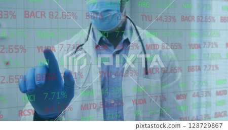 Image of stock market data processing over male doctor touching an invisible screen 128729867
