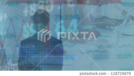 Image of financial data and graphs over back view of businesswoman with umbrella 128729879
