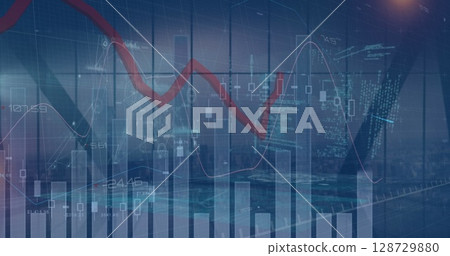 Image of statistics and financial data processing over architects plans and compass Image of statistics and financial data processing over architects plans and compass 128729880