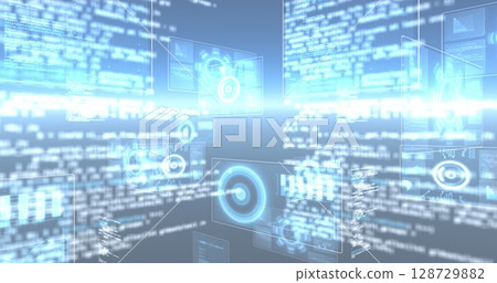 Image of data processing and shapes moving on black background 128729882