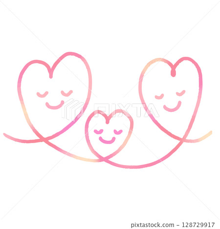 三顆粉紅色的心閉著眼睛互相擁抱，微笑著 128729917