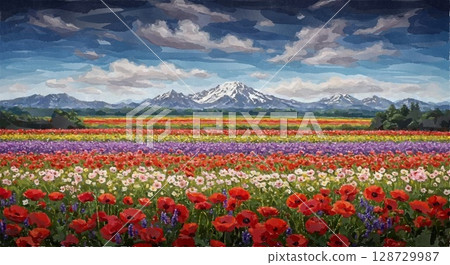 Watercolor painting of a blooming flower field on a summer plateau 128729987